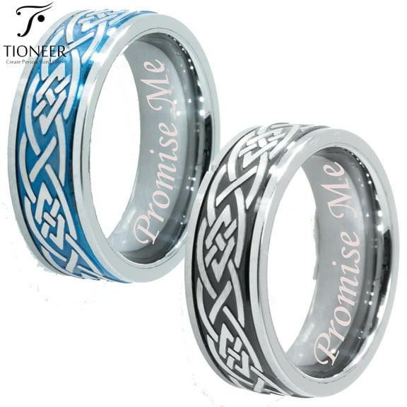 Tioneer Tungsten Carbide Wedding Band Ring Celtic Design Black / Blue Mens Womens 8MM Promise Me Engraved