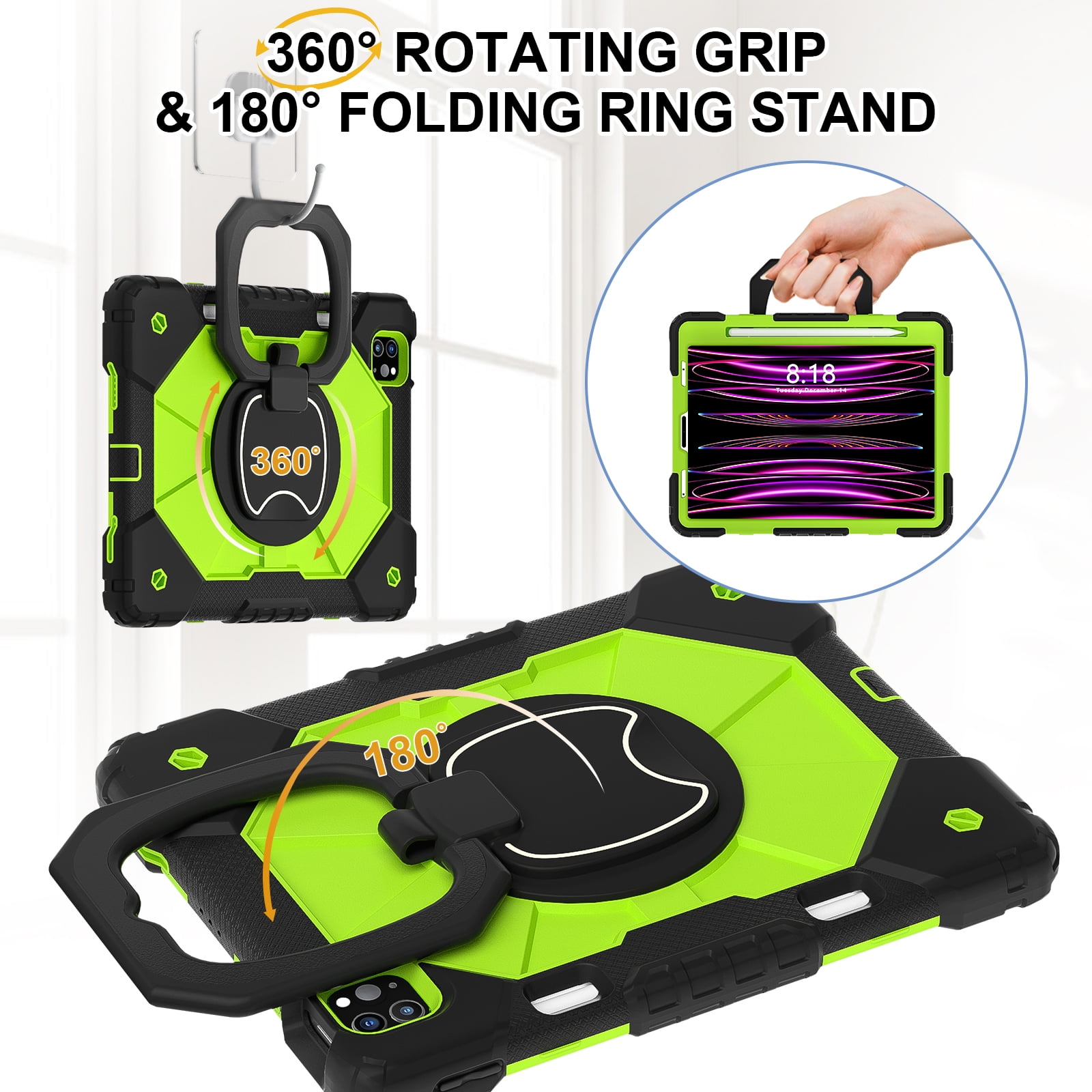 Dteck with Pencil Holder Case for iPad Pro 11-inch 4th 3rd 2nd 1st Gen,iPad Air 5th/4th Generation Heavy Duty Silicone Case 360 Degree Rotating Handle Stand Cover with Shoulder Strap,Black+Green