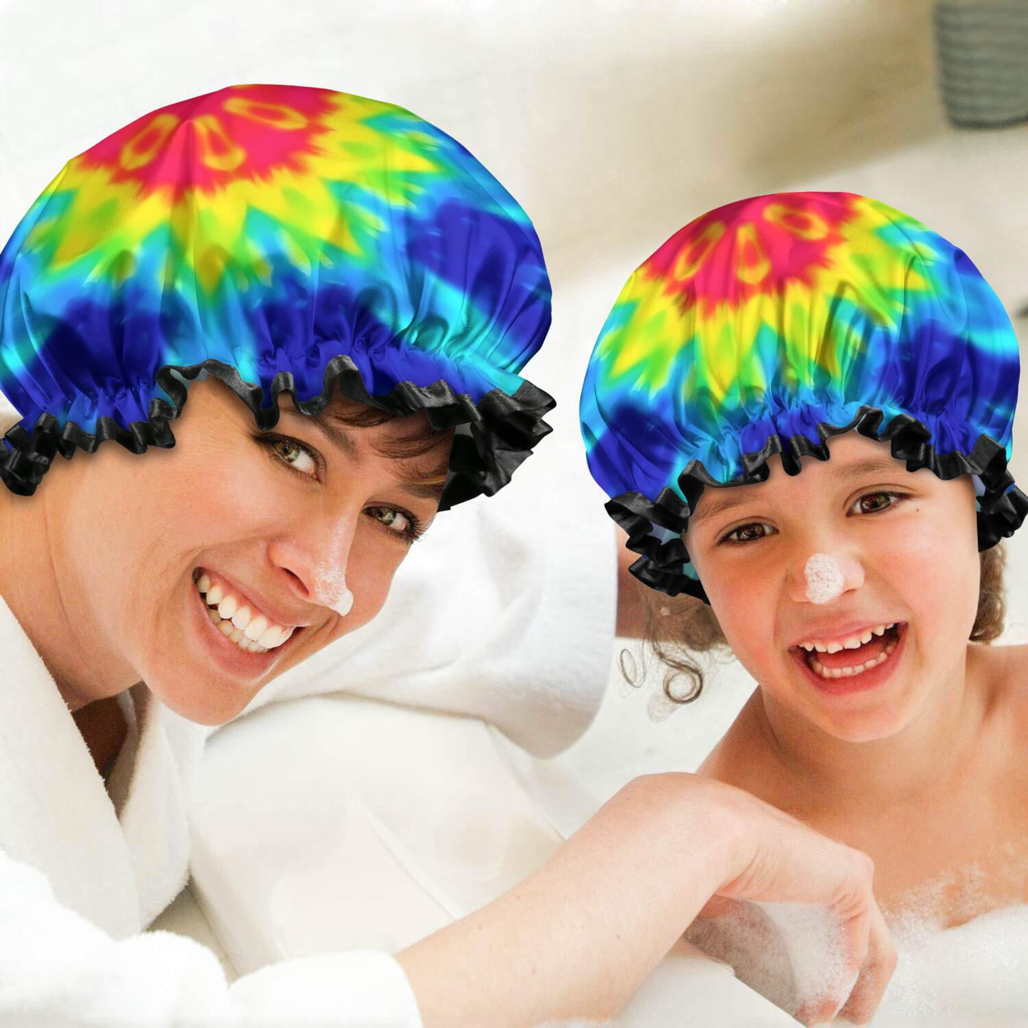 Shower Caps,Rainbow Tie Dye Mandala Pattern Waterproof Shower Cap for Women 4 Pieces,Double Reusable Hair Cover for Shower PEVA Elastic Stretch Hem