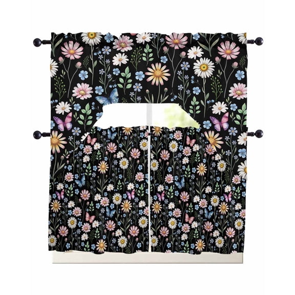 Spring Floral Swag Curtains for Living Room/Bedroom Windows, Elegant Pastoral Flowers Butterflies Black Kitchen Curtains and Valances Set 36 Inch Length, Light Filtering Swags Valance Curtain Panels