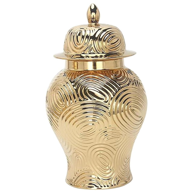 Jarrón de porcelana con flores y tapa, decorativo, acabado esmaltado dorado. Talla S 345x195cm