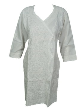 Mogul Womens Ethnic White Tunic Dress 3/4 Sleeves Beautiful Floral Hand Embroidered Cotton Beach Cover Up Caftan S/M