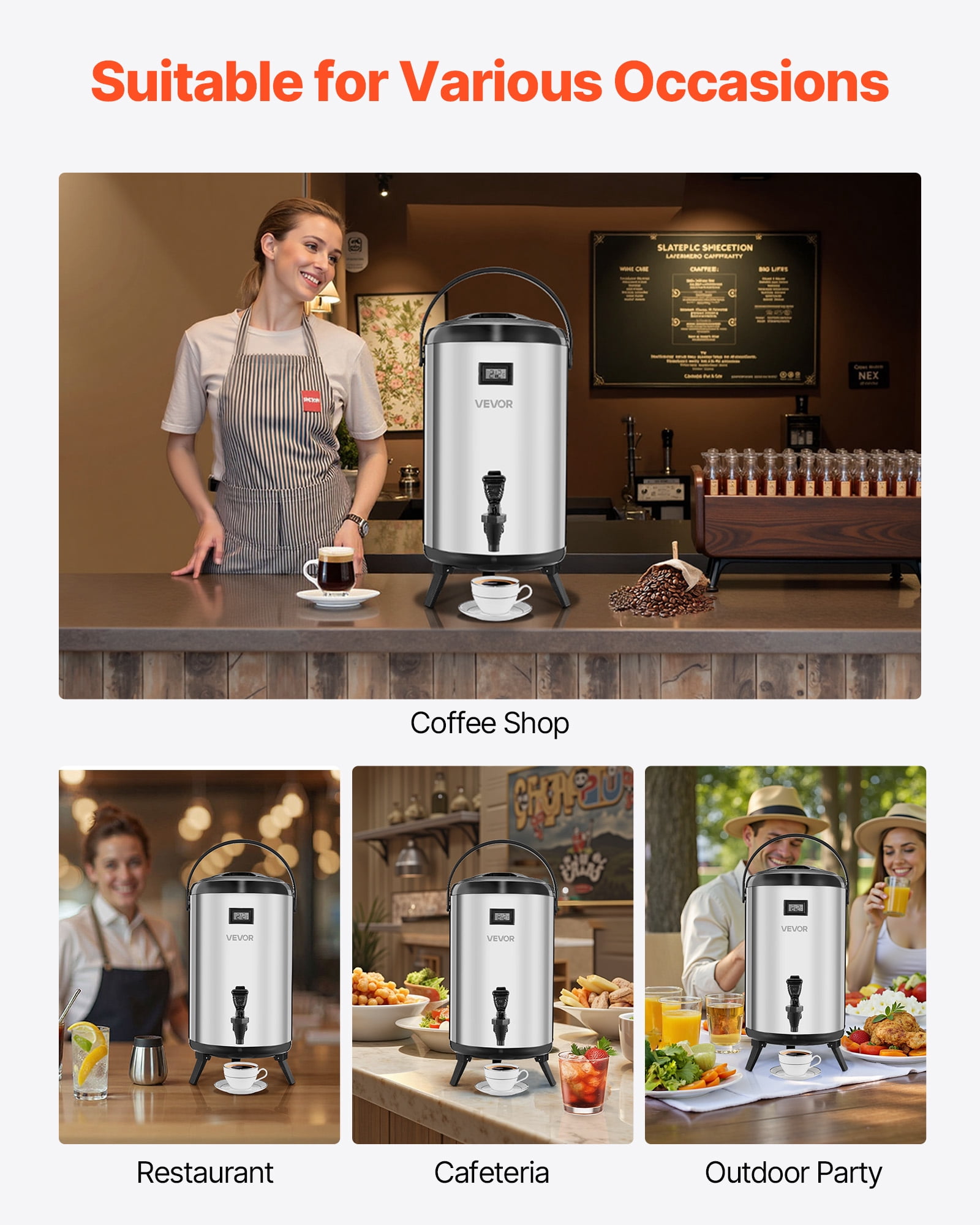 VEVOR Insulated Beverage Dispenser, 3.2 Gal/12L Stainless Steel Thermal Drink Server with Spigot & Temp Display, Suitable for Hot and Cold Drinks, for Tea Coffee Water in Cafes & Restaurants, Silver