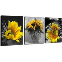 Sunflower Painting Canvas Wall Art Yellow Flowers Prints, Florals Black White Modern Pictures Framed for Bedroom Bathroom Living Room Spa Salon Home Office Wall Decor, 12"x16"x3 Panels
