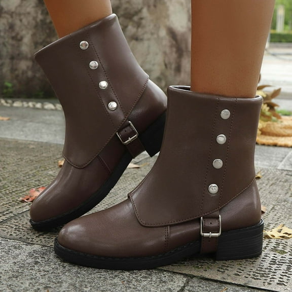 RUIYANQI Women's PU Leather Ankle Boots Buckle Strap Design Rivet Decor Footwear Block Heel Shoes Trendy Fashion Fall Winter Dress Casual Boots Brown Women Sandals