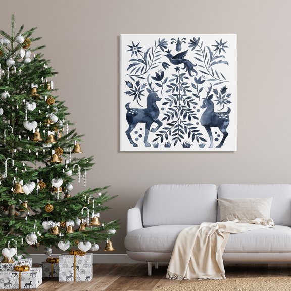 Festive Deer Dove Christmas Tree Botanicals Leaves Animals & Insects Painting Gallery-Wrapped Canvas Print Wall Art