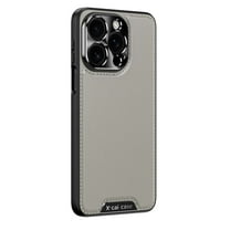 For iPhone 15 Pro Max PU Leather Phone Case,Edge Stitch Along The Frame,Ultra Slim Shockproof Anti-fall Lightweight Premium Soft TPU Bumper Metal PU Leather Hybrid Protective Case,Gray