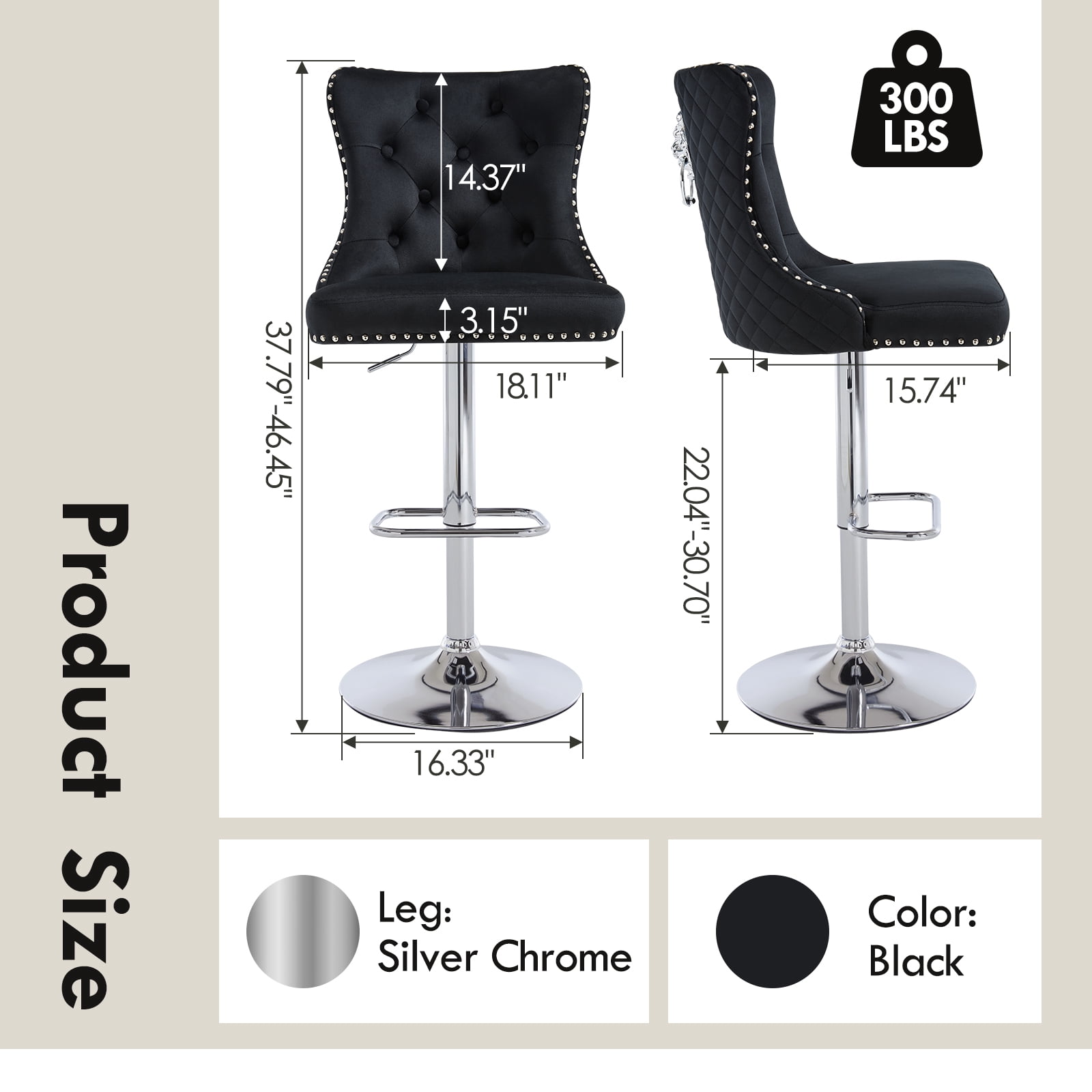 Velvet Bar Stools Set of 2 Modern Counter Height Bar Stools with Lion Pull Ring Tufted Back, Nailhead Upholstered Barstools for Home Kitchen Island, Swivel Adjustable Stool Chair in Black