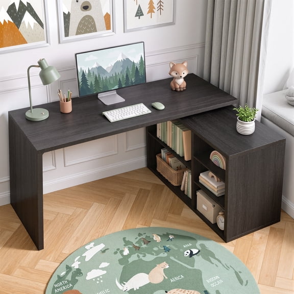 Paasyonmate 55 inch L-Shaped Computer Desk, Reversible Corner Desk with Storage Shelves for Home Office & Gaming, Dark Gray