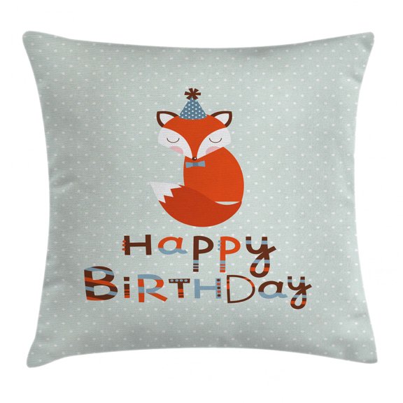 Birthday Decorations Throw Pillow Cushion Cover, Cute Fox Sleeping on Dotted Backdrop Greeting Message, Decorative Square Accent Pillow Case, 18 X 18 Inches, Orange Light Blue Beige, by Ambesonne