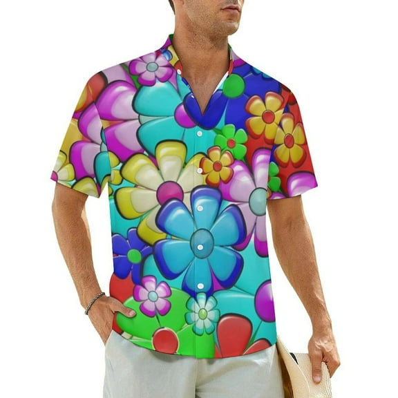 Flower Power Vintage Hawaii Shirt Men Beach 60s 70s Hippie Print Casual Shirts Short-Sleev