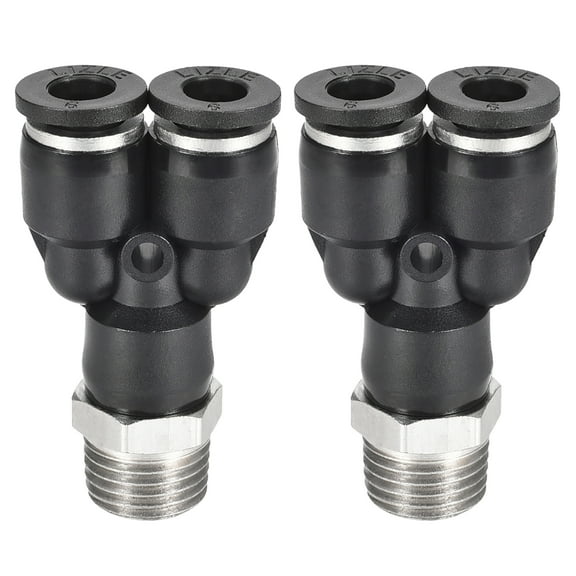 Push To Connect Fittings Y Type Tube Connect 6mm OD x 1/4PT Male Thread Tube Fittings Push Lock Black 2Pcs