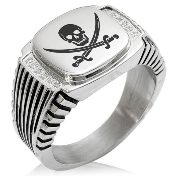 Stainless Steel Pirate Skull & Swords CZ Ribbed Needle Stripe Pattern Biker Style Polished Ring