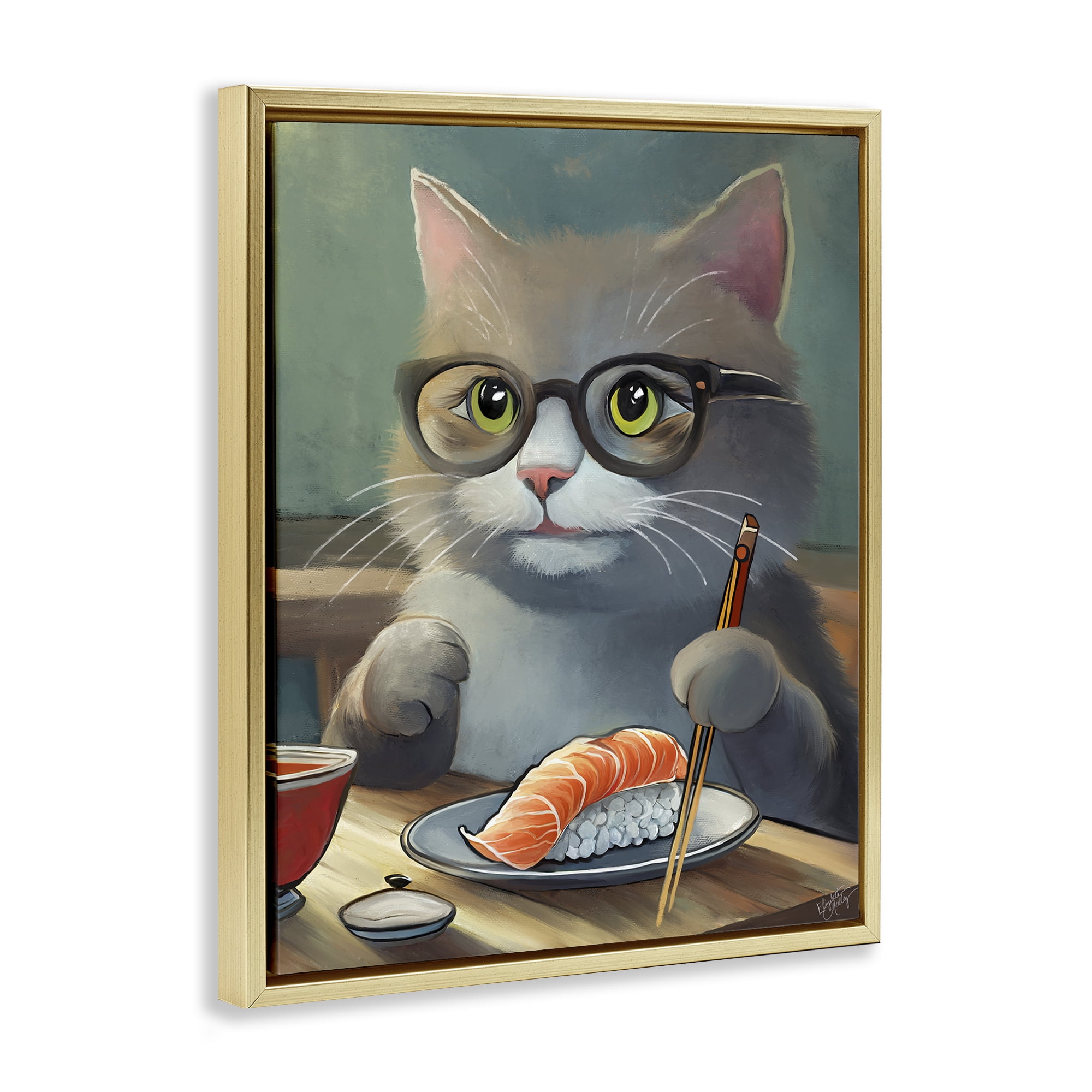Stupell Industries Cat Eating Sushi Food & Beverage Painting Gold Floater Framed Canvas Art Print Wall Art, 25 x 31