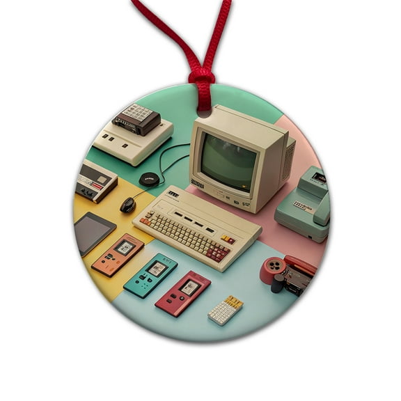 Retro Technology Device Computer Collage Christmas Tree Holiday Round Ceramic Ornament