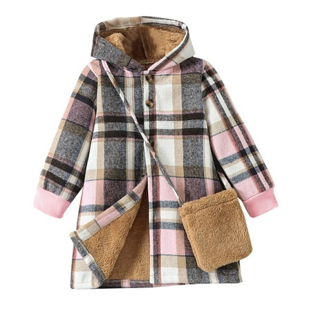 Annhoo Toddler Girl s Winter Fleece Lined Jackets Trendy Long Sleeve Plaid Hoodies Button Front Coats with Crossbody Bag