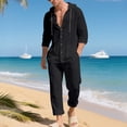 thumbnail image 2 of HBGVBA Men Casual Outfit Solid Color Loose Linen Button Hooded Long Sleeve Elastic Waist Drawstring Pocket Long Pants Beach Set, 2 of 5