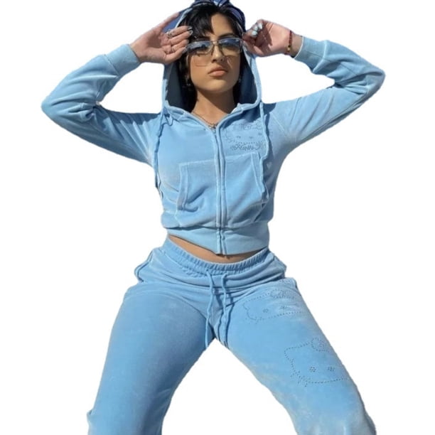 Conjunto de suéter de terciopelo con cremallera para mujer, de Hello Kitty Sudadera con capucha, conjunto de dos piezas con estampado de diamantes de imitación, primavera 2022