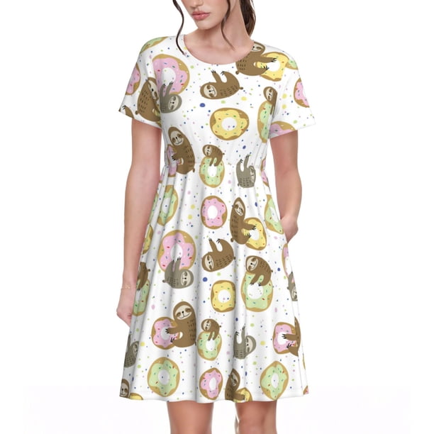 Balery Donut Sloth Vestidos sueltos de manga corta para mujer, vestidos de verano 2025, vestidos casuales de corte A con vuelo.