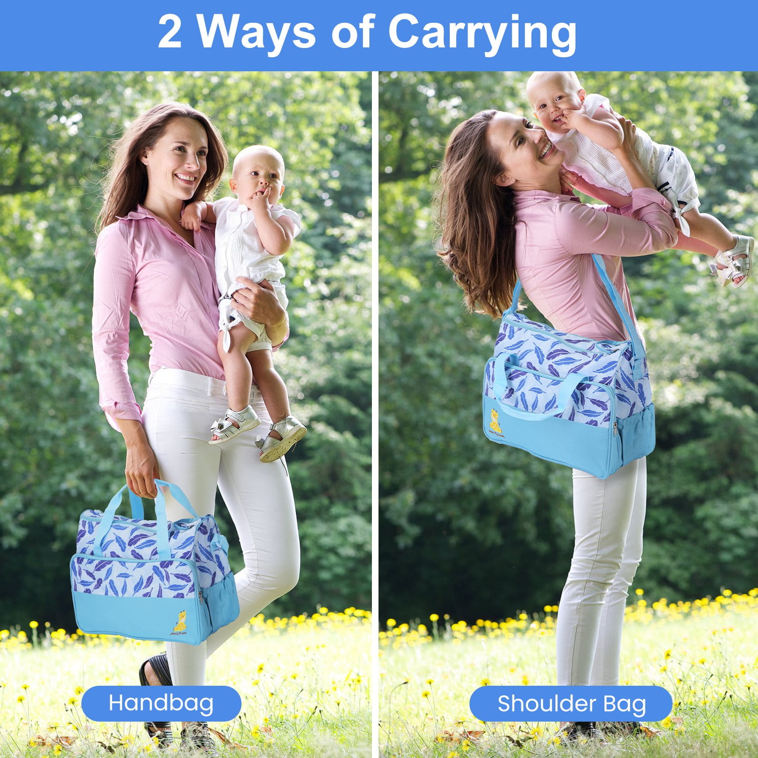 5Pcs Mummy Diaper Tote Bag Baby Nappy Bag with Diaper Pad Food Bag Bottle Bag Travel Tote Bags for Mom Dad Light Blue