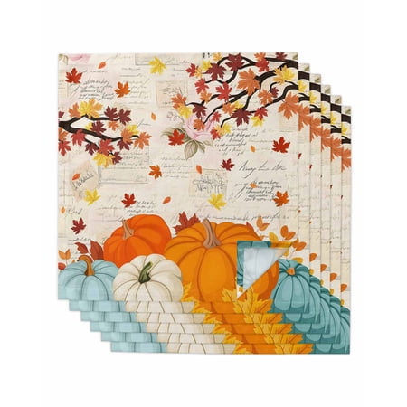 Orange Pumpkins Fall Cloth Napkins Set of 6 Reusable Dinner Napkins Thanksgiving Maple Leaf Branches Cocktail Napkin Washable Table Napkins for Wedding/Holiday Party/Baby Shower 20 x20