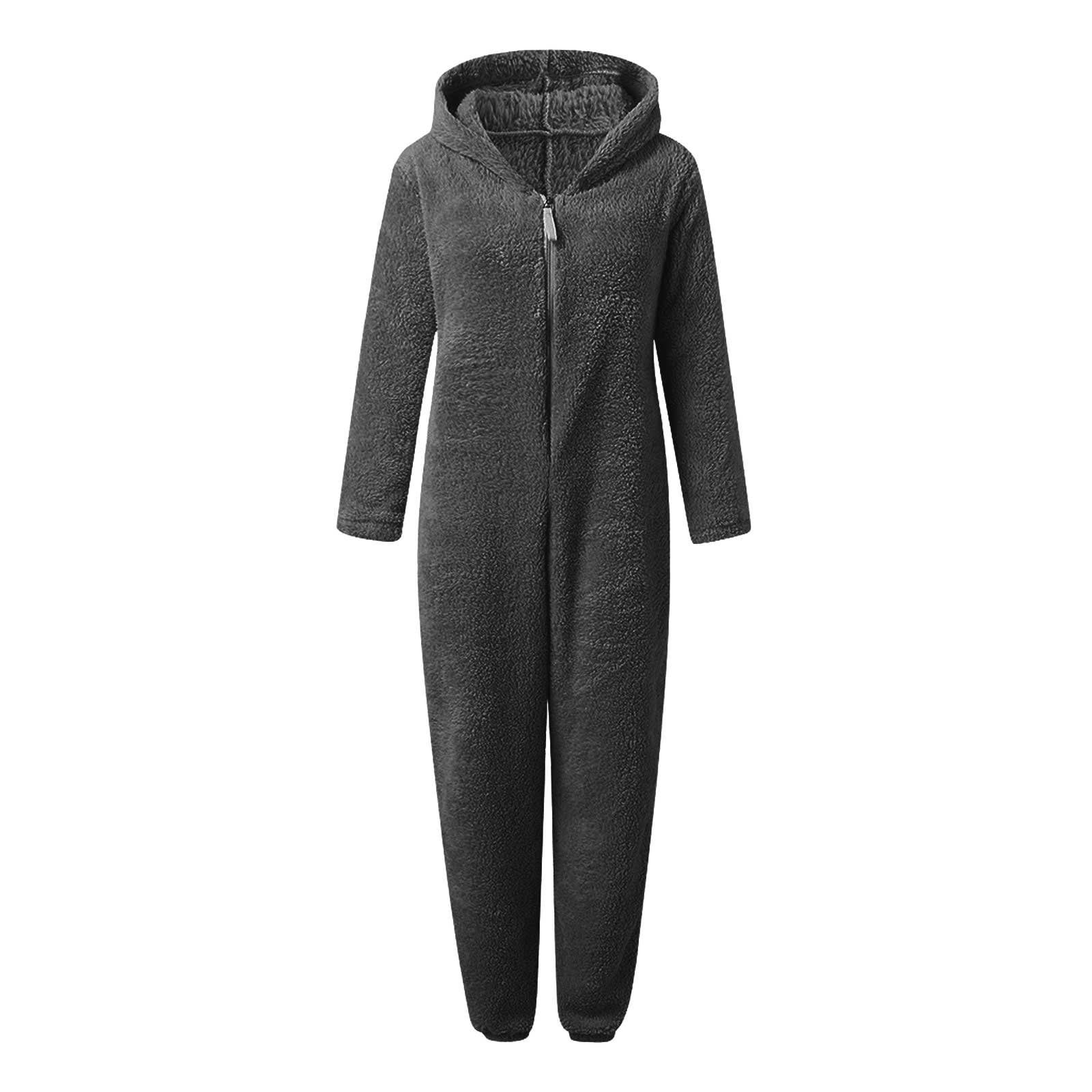 Womens Sherpa Jumpsuit,Women's Fuzzy Pajamas Long Sleeve Adult Cat Ears Onesie Pajamas for Women Fleece Winter One-Piece Zipper Hooded Rompers Plush Sleepwear Loungewear
