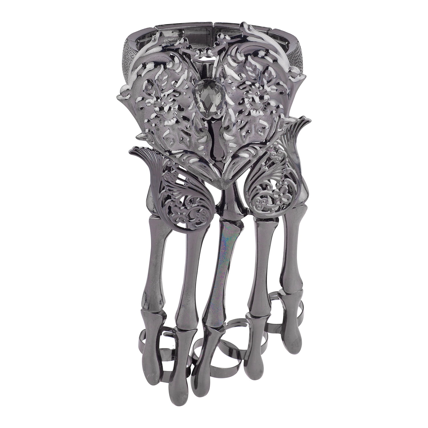 Lux Accessories Silver Tone Gothic Skull Tools Full Hand Skeleton Bracelet Rings 