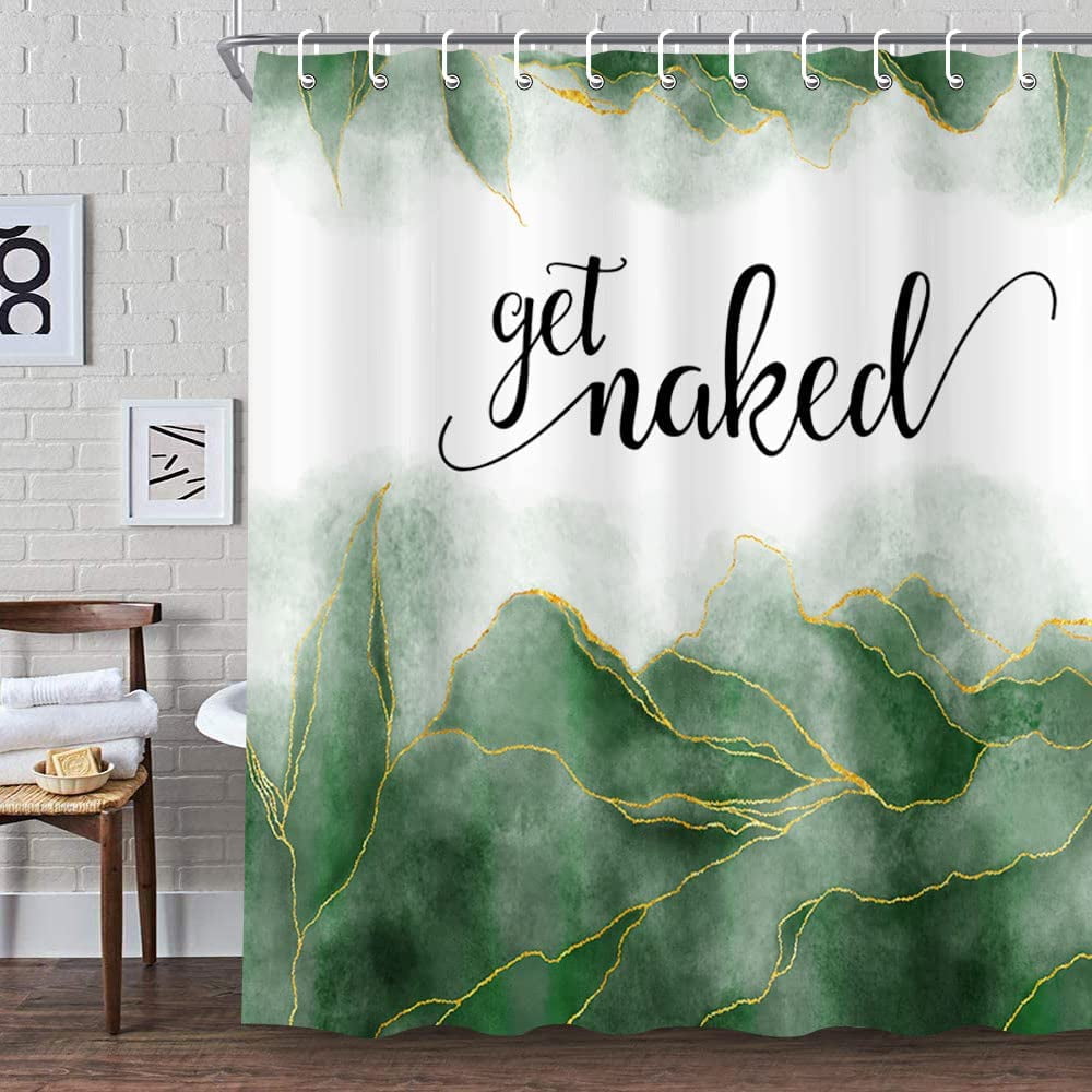 Get Naked Green Shower Curtain, Golden Green Marble Texture Shower Curtain Sets, Abstract Watercolor Modern Bathroom Curtain with Hooks Waterproof Fabric Decor, 48X70IN