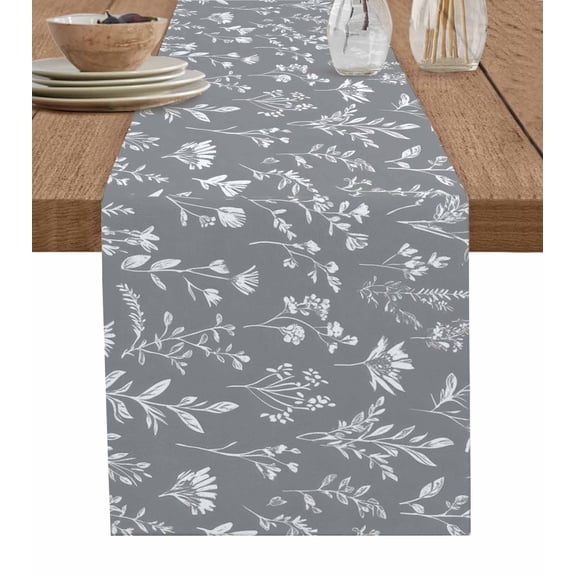 White Grey Spring Floral Table Runner 48 Inches, Summer Flowers Botanical Bed Runner Dresser Scarves Tabletop for Indoor Outdoor Parties/Ceremony/Banquet, 13" x 48"