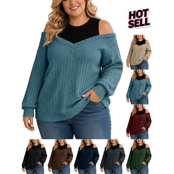 Nmnitkp Women's Plus Size Cold Shoulder Knit Pullover Long Sleeve Ribbed Loose Fit Casual Sweater Top for Women for Fall Winter Daily Dating Going‑out Light Blue,4XL