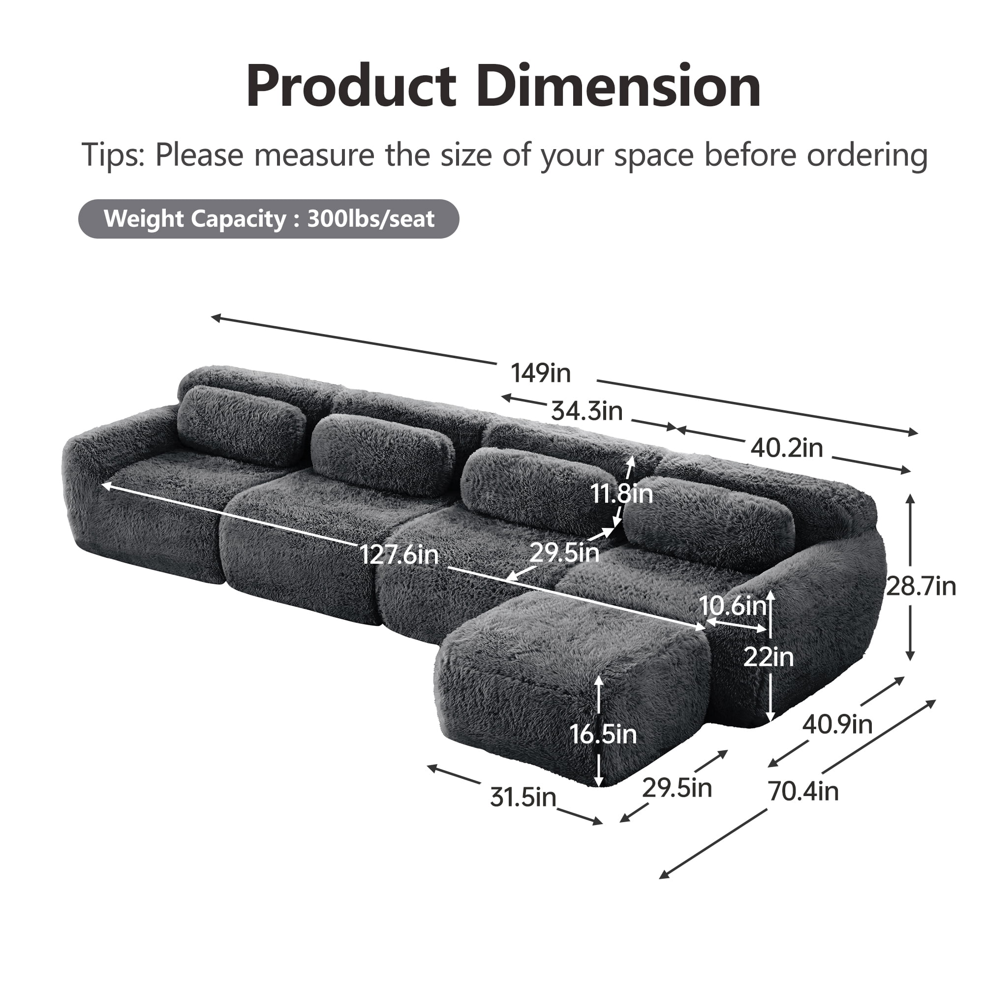Anpport 149'' L-shaped 4-Seater Modular Sectional Sofa Couches, Soft Fluffy Plush Fabric with Throw Pillows, Movable Ottoman, for Living Room, Apartment & Bedroom, Drak Grey