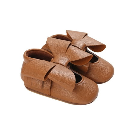

TFFR Baby Girl Bowknot Moccasins Leather Princess Dress Shoes Non-Slip Rubber Sole Crib Shoes