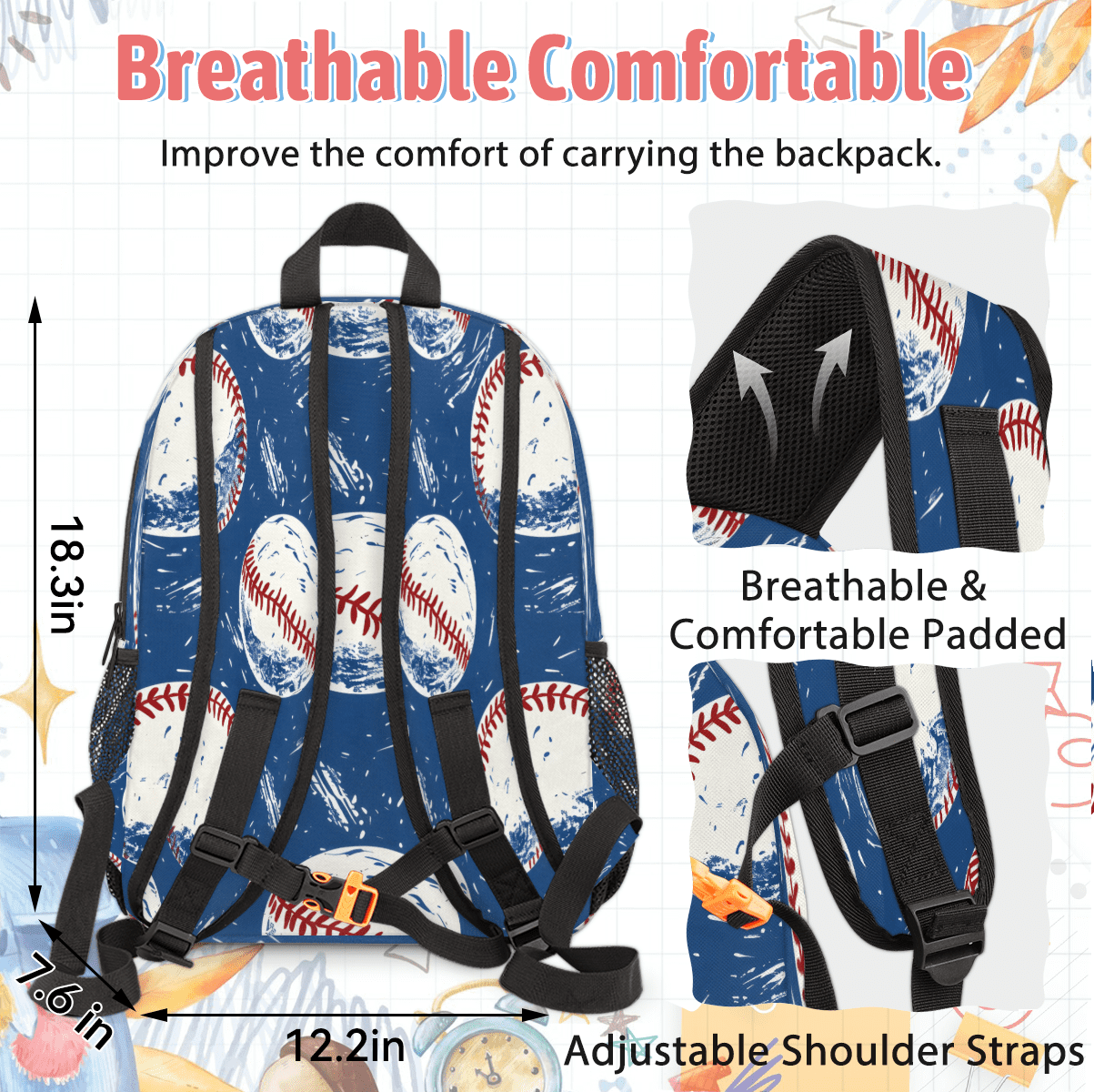 Herdesigns Baseball Sports Large Backpack Set with Lunch Box Lightweight Water Resistant Travel Laptop Backpacks Casual Daypacks for Women Men