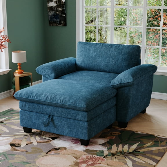 Cozy Chenille Chaise Lounge Chair With & Storage - Blue Comfy Compartment
