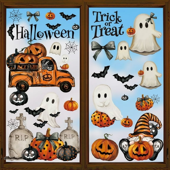 Smile 100 PCS Halloween Window Cling Sticker, Goost Trick or Treat Pumpkin Truck Gnome for Home Party Supplies Shop Window Glass Display Decoration