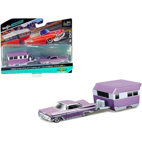 1959 Chevrolet Impala Purple Metallic w/White Graphics and Alameda Trailer Purple Met. & White 1/64 Diecast Model Car by Maisto