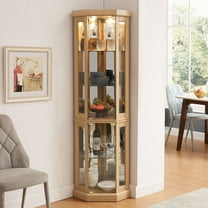 CQSXDA Lighted Corner Curio Cabinet in Oak Finish 69.84" Tall Display Case for Antique Collectibles and Wine Glasses