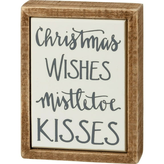 Primitives by Kathy 109407 Box Sign Mini - Christmas Wishes Mistletoe Kisses, 3 x 4 x 1-inch