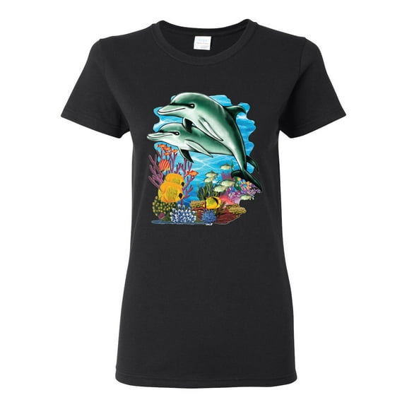 Pair of Dolphins Swimming in Ocean Animal Lover Womens Graphic T-Shirt, Black, Small