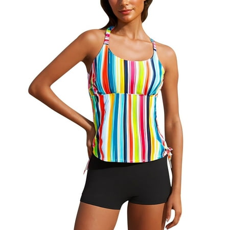 New summer arrivals UTSJKR Striped Tankini Swimsuits for Women Padded Long Torso Top with Boyshorts Modest Bathng Suit 2 Piece Swimwear Beach Outfits Yellow L