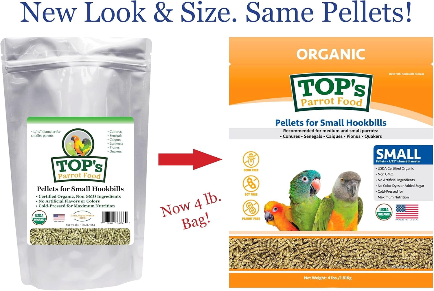 TOP's Parrot Food Small Pellets for Conures, Senegals, Caiques, Pionus, USDA Certified Organic, Human Grade, Non-GMO, Corn, Soy & Peanut Free, 4 lb