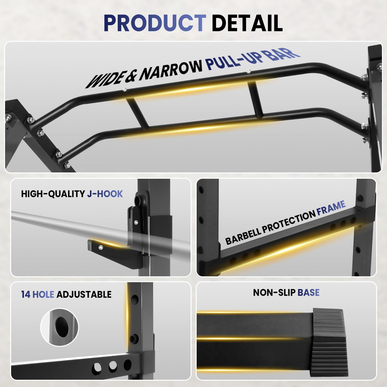 All in One Power Cage, 1200 LBS Heavy Duty Squat Rack System, 14 Hole Adjustable Height, Anti-slip Base, Power Rack, Fitness Training, Home Gym, Garage