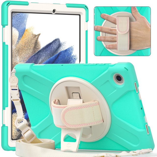 Case de tableta para Samsung Galaxy Tab A8 10.5 '' x200/x205 con soporte de rotación de 360 ° y correa de mano y correa para el hombro Ikkle Tab A8 10.5 X200/X205