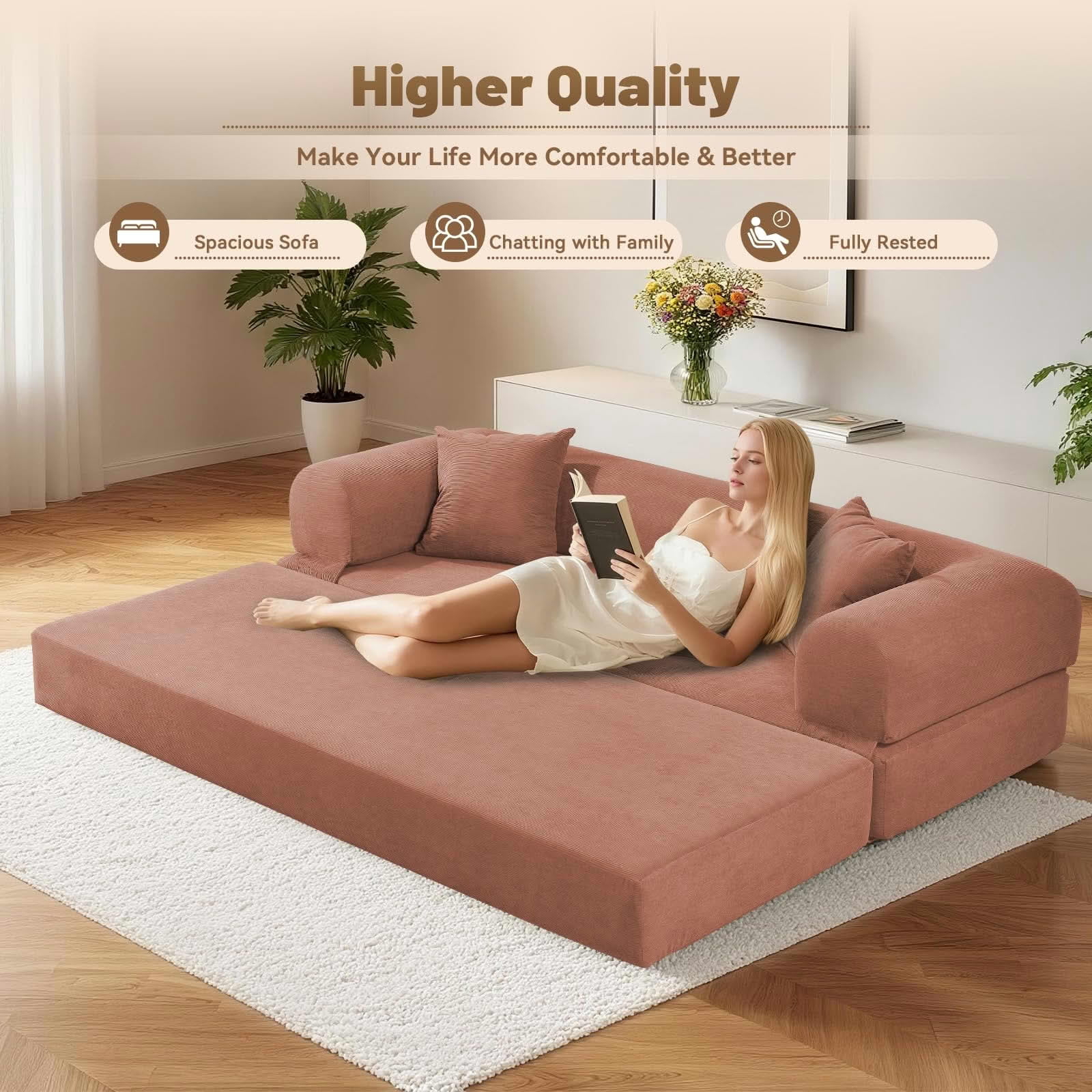 MAYEERTY 80" Pink Corduroy Convertible Sofa Bed, 600lbs Queen Size Fold Out Sleeper Couch with Storage & No Assembly for Living Room