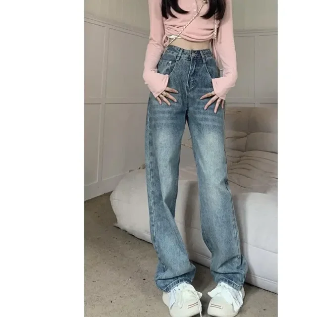 Full Length Jeans Women American Style Simple Pockets Retro Chic Straight High Waist Fashion All-match Vintage Spring Fall Denim