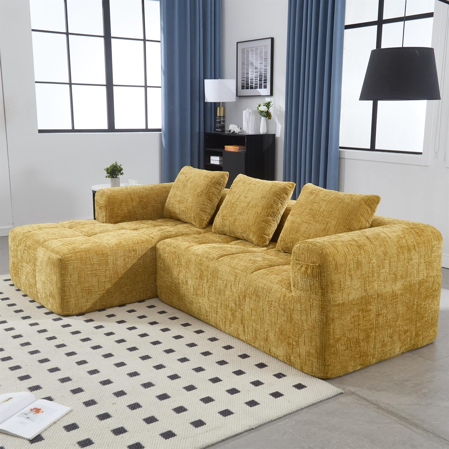 Demi Bonn 98" L-Shaped Modular Sectional Sofa with Chaise, Side Pockets, Modern Comfort Couch, Compression-Free Installation for Living Room, Yellow