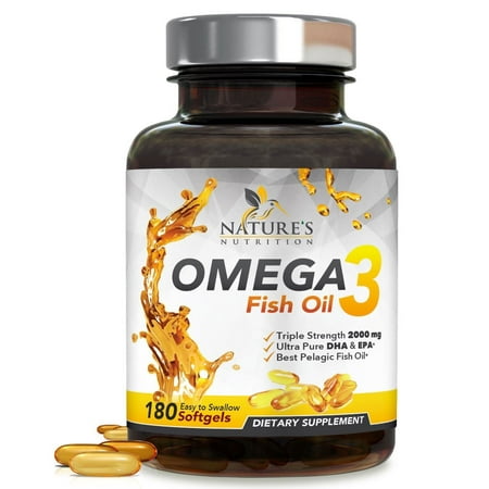 Omega 3 Fish Oil Concentrated Triple Strength 2400mg - EPA & DHA Fatty Acids - Burpless Capsules, Non-GMO, GMP Certified, Best Fish Oil Supplement by Nature's Nutrition, Lemon Flavor - 180