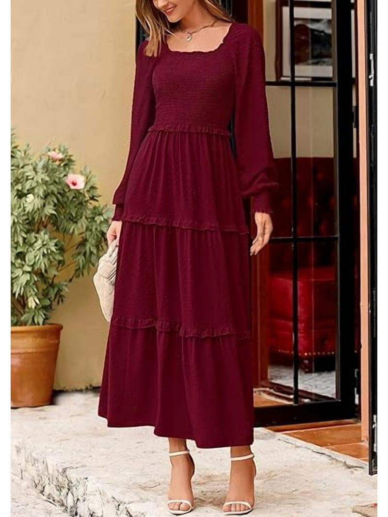 fitted lace wedding dress V Neck Smocked Long Sleeve Pleated Midi Dress