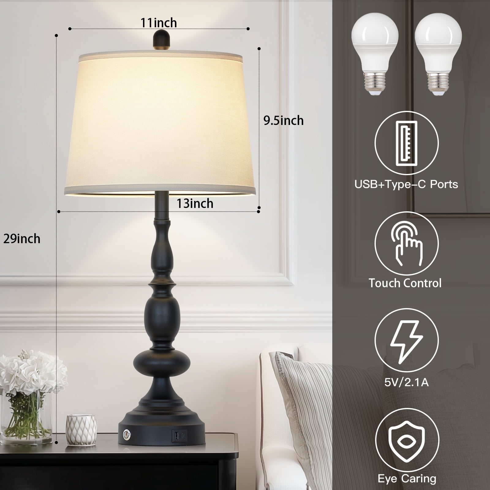 Cinkeda Set of 2 Black Industrial Table Lamps with USB-C & USB-A Ports, 29"  3-Way Dimmable Touch Control Metal Lamp for Bedroom, Living Room