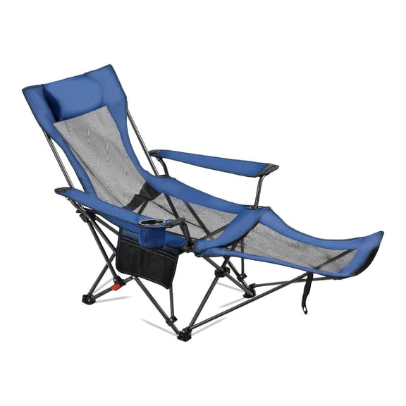 Reclining Camping Chair, Adjustable 4-Position Lounger for Adults, Portable Folding Beach Chair with Headrest & Footrest, Heavy Duty, 220 lbs Capacity, Blue